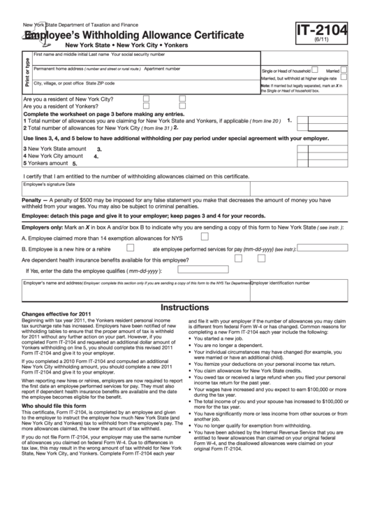 Fillable Form It2104 Employee'S Withholding Allowance Certificate