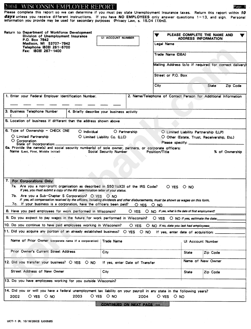 Form Uct-1 - Wisconsin Employer Report