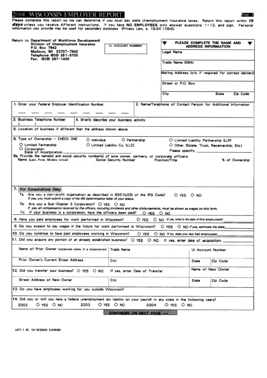 Form Uct-1 - Wisconsin Employer Report Printable pdf