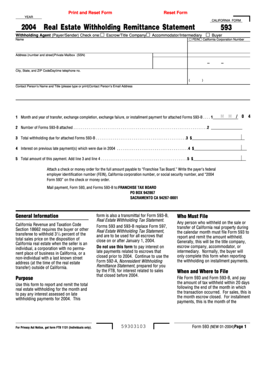 Fillable California Form 593 - Real Estate Withholding Remittance Statement - 2004 Printable pdf