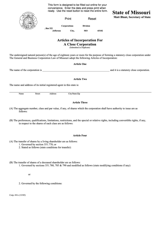 Fillable Articles Of Incorporation Form For A Close Corporation - Missouri Secretary Of State - 2002 Printable pdf