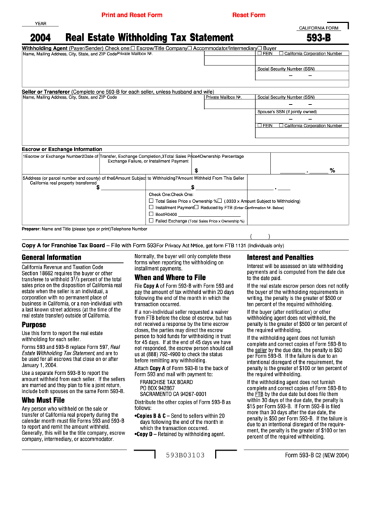 Fillable California Form 593-B - Real Estate Withholding Tax Statement - 2004 Printable pdf