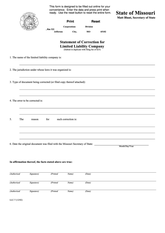 Fillable Form Llc-7 - Statement Of Correction For Limited Liability Company - 2002 Printable pdf