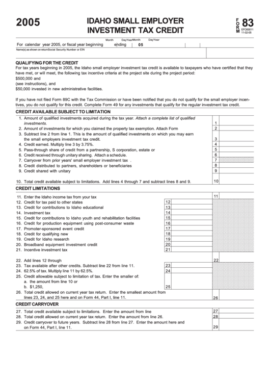 Fillable Form 83 - Idaho Small Employer Investment Tax Credit Printable pdf