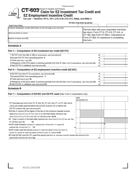 Form Ct-603 - Claim For Ez Investment Tax Credit And Ez Employment Incentive Credit - 2006 Printable pdf