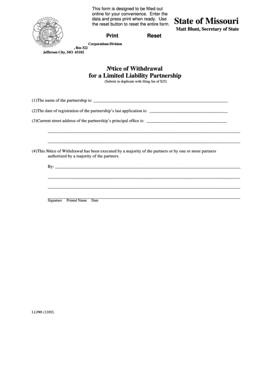 Fillable Form Llp8 - Notice Of Withdrawal For A Limited Liability Partnership - 2002 Printable pdf