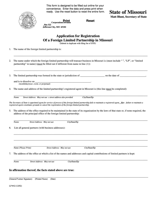 Fillable Form Lp 42 - Application For Registration Of A Foreign Limited Partnership In Missouri - 2002 Printable pdf