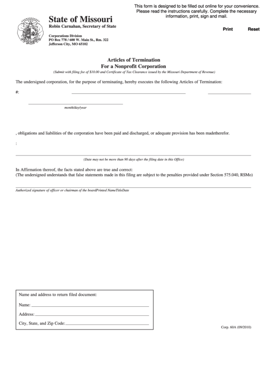 Form Corp. 60a - Articles Of Termination Form For A Nonprofit Corporation, Form 943 - Request For Tax Clearance