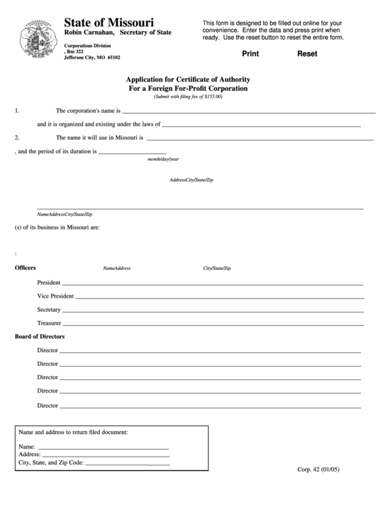 Fillable Form Corp. 42 - Application For Certificate Of Authority For A Foreign For-Profit Corporation Printable pdf