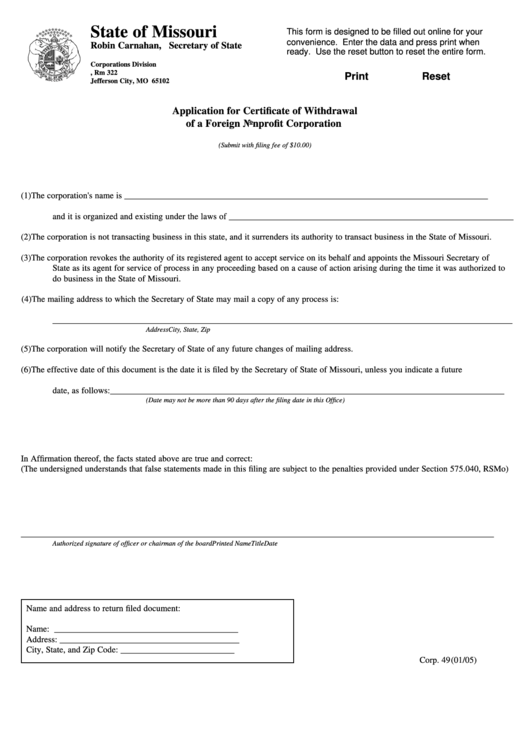 Fillable Form Corp.49 - Application For Certificate Of Withdrawal Of A Foreign Nonprofit Corporation Printable pdf