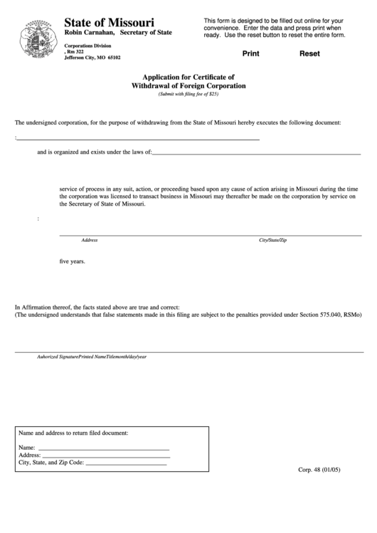 Fillable Form Corp. 48 - Application For Certificate Of Withdrawal Of Foreign Corporation - 2005 Printable pdf