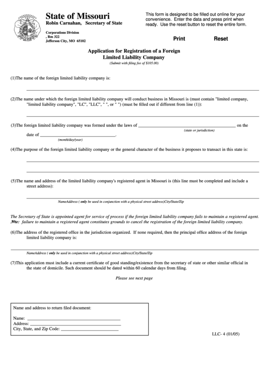 Fillable Form Llc- 4 - Application For Registration Of A Foreign Limited Liability Company Printable pdf