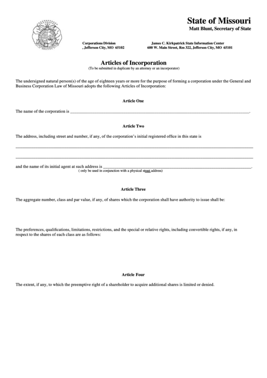 Form Corp 41 - Articles Of Incorporation Form - Missouri Secretary Of State - 2001 Printable pdf
