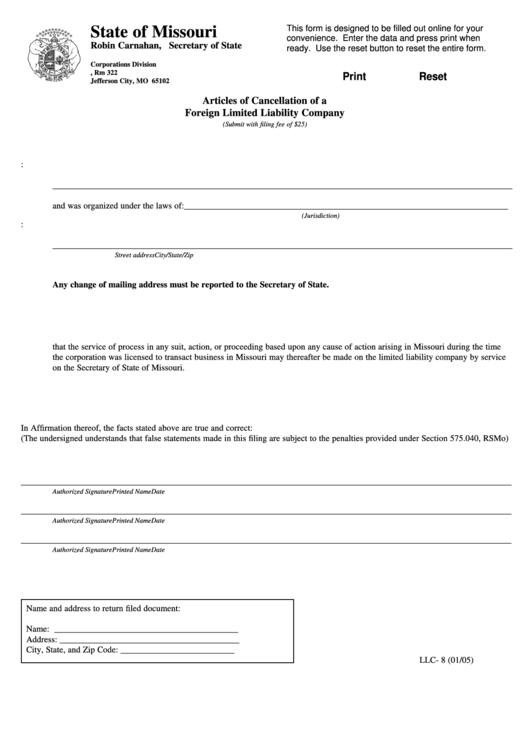 Fillable Form Llc- 8 - Articles Of Cancellation Of A Foreign Limited Liability Company - Missouri Secretary Of State - 2005 Printable pdf