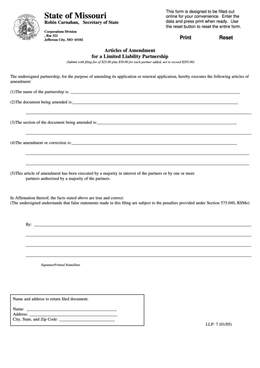 Fillable Form Llp- 7 - Articles Of Amendment For A Limited Liability Partnership Printable pdf