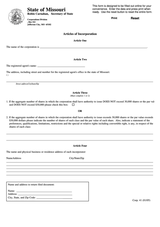 Fillable Form Corp. 41 - Articles Of Incorporation Form Printable pdf