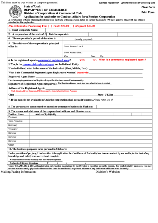 Fillable Application For Authority To Conduct Affairs For A Foreign Corporation Form Printable pdf
