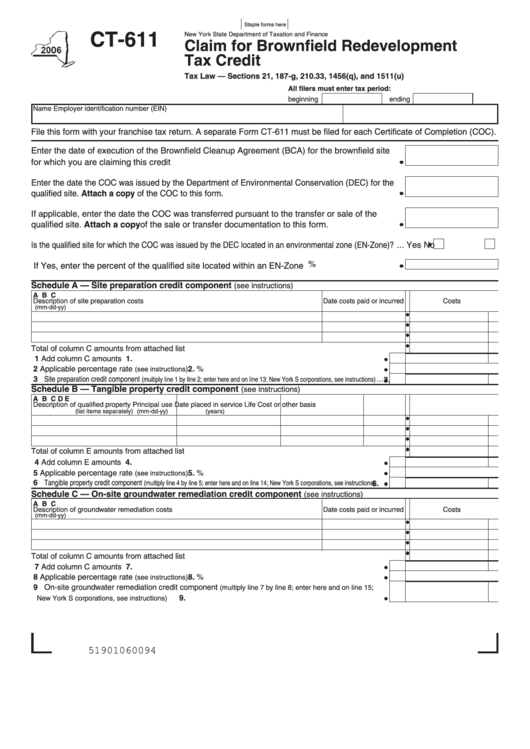 Form Ct-611 - Claim For Brownfield Redevelopment Tax Credit - 2006 Printable pdf