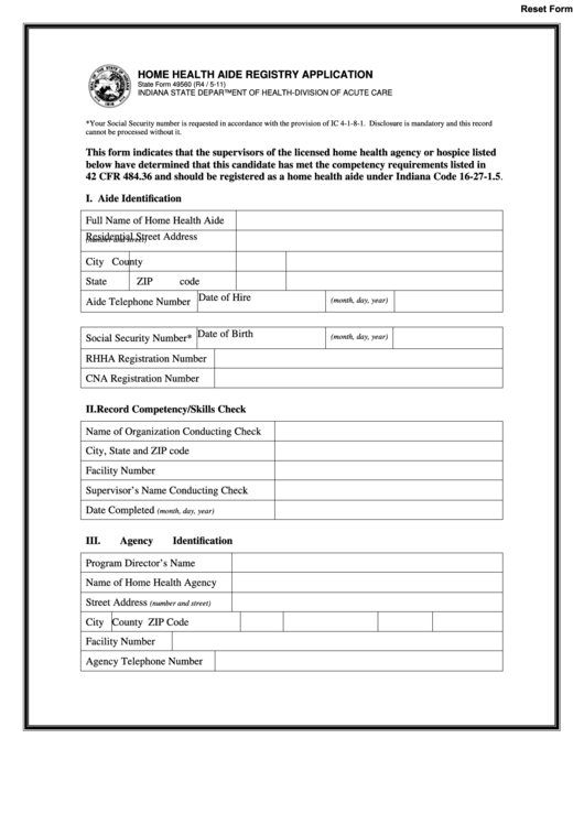 Fillable State Form 49560 - Home Health Aide Registry Application Printable pdf