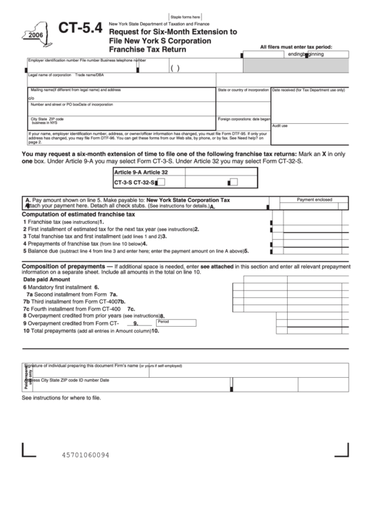 Fillable Form Ct-5.4 - Request For Six-Month Extension To File New York S Corporation Franchise Tax Return - 2006 Printable pdf