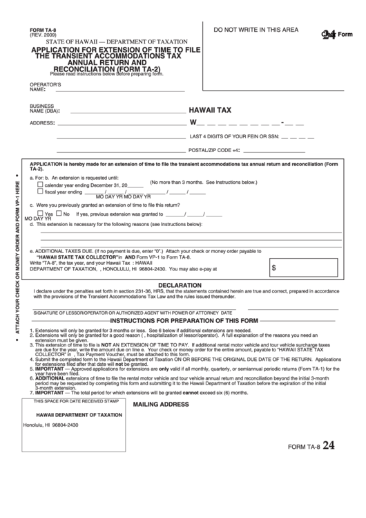 Fillable Form Ta-8 - Application For Extension Of Time To File The Transient Accommodations Tax Annual Return And Reconciliation Printable pdf