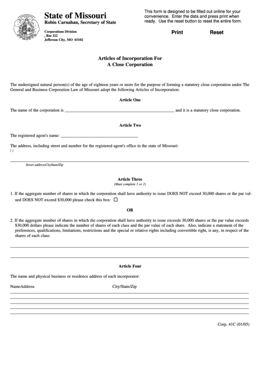 Fillable Form Corp. 41c- Articles Of Incorporation For A Close Corporation Printable pdf