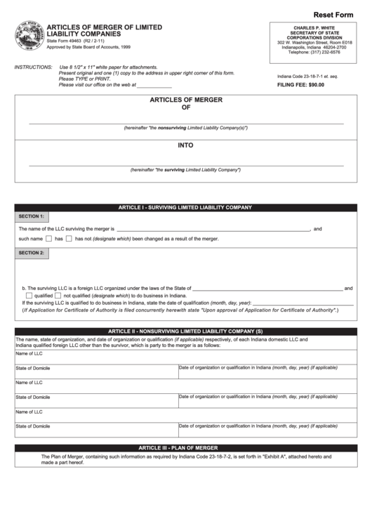 Fillable State Form 49463 - Articles Of Merger Of Limited Liability Companies Printable pdf