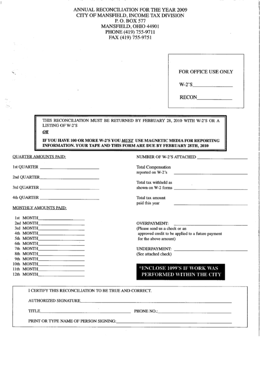 Annual Reconciliation For The Year 2009 - City Of Mansfield Printable pdf