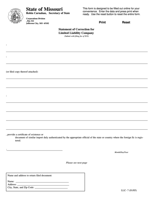 Form Llc- 7 - Statement Of Correction For Limited Liability Company - 2005