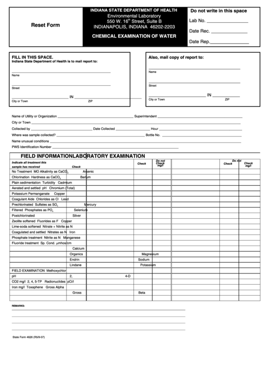 Fillable State Form 4626 - Chemical Examination Of Water - Indiana State Department Of Health Printable pdf