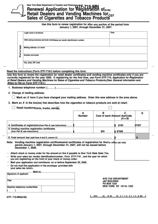 Form Dtf-719-Mn - Renewal Application For Registration Of Retail Dealers And Vedning Machines For Sales Of Cigarettes And Tobacco Products Printable pdf