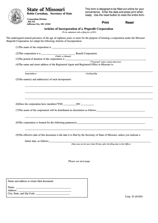 Fillable Form Corp. 52 - Articles Of Incorporation Of A Nonprofit Corporation - Missouri , Secretary Of State - 2005 Printable pdf