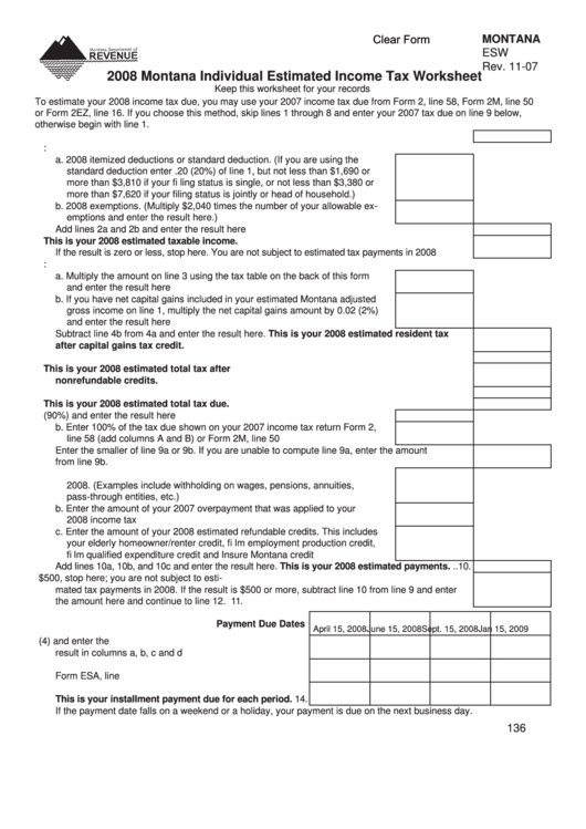 Form Esw - Individual Estimated Income Tax Worksheet - 2008 Printable pdf