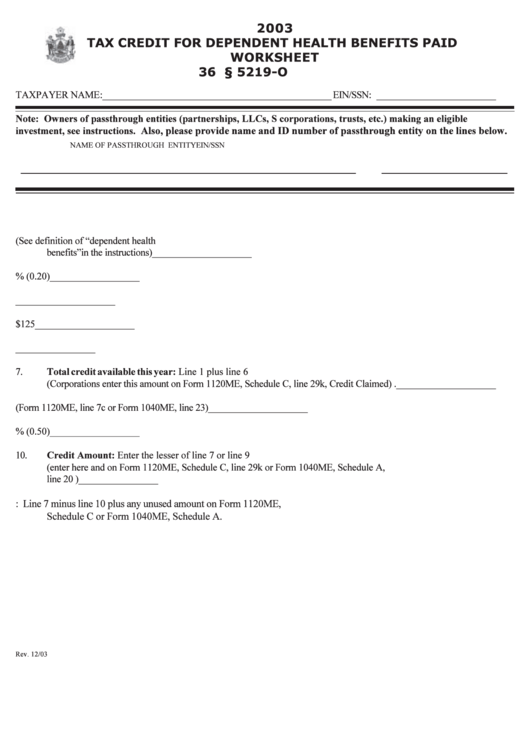 Tax Credit For Dependent Health Benefits Paid Worksheet - Maine Department Of Revenue - 2003 Printable pdf
