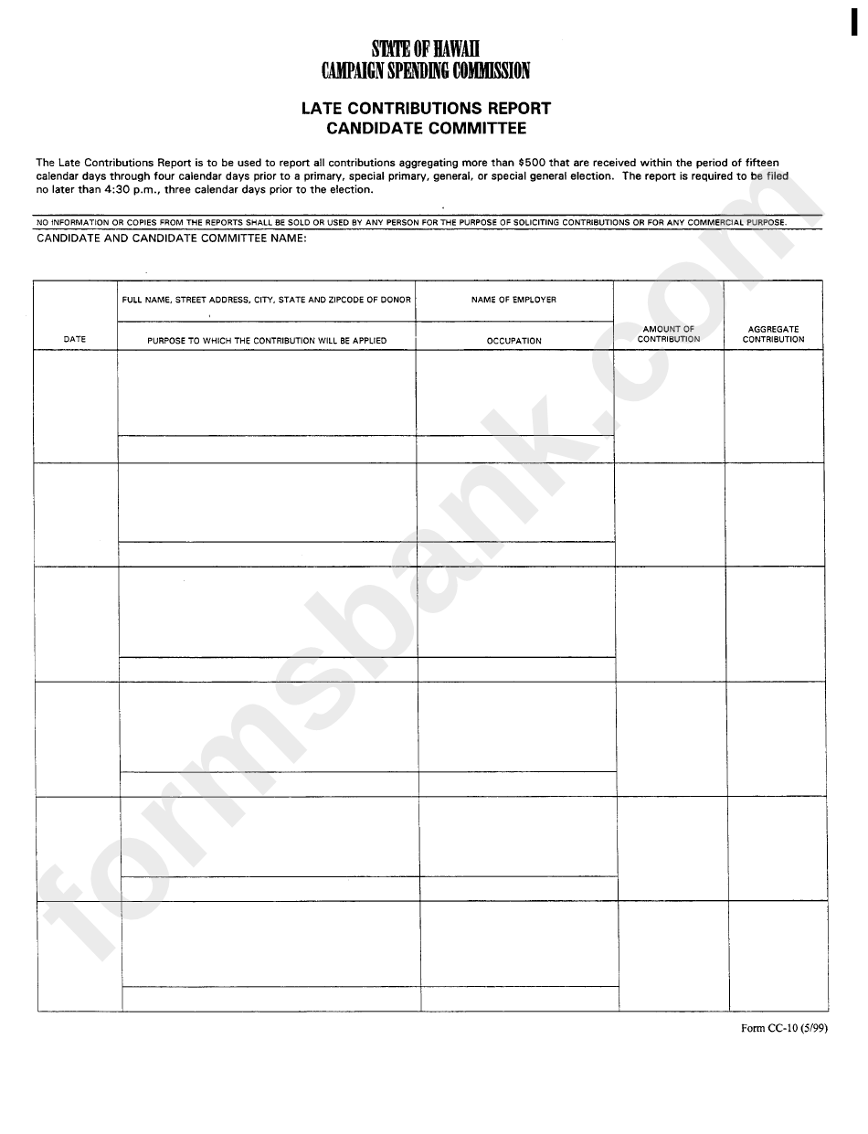 Form Cc-10 - Late Contributions Report Candidare Committee