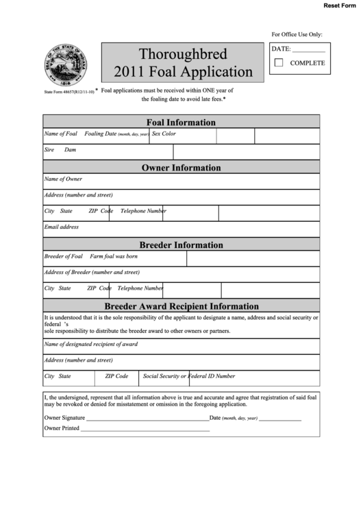 Fillable State Form 48657 - Thoroughbred 2011 Foal Application Printable pdf