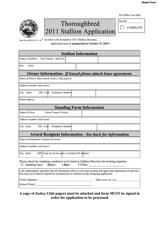 Fillable State Form 48655 - Thoroughbred 2012 Stallion Application Printable pdf