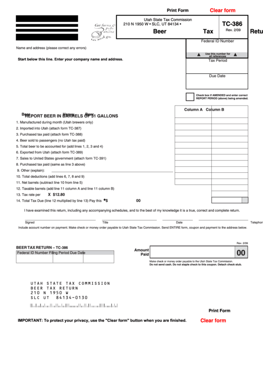 Fillable Form Tc-386 - Beer Tax Return - Utah State Tax Commission Printable pdf