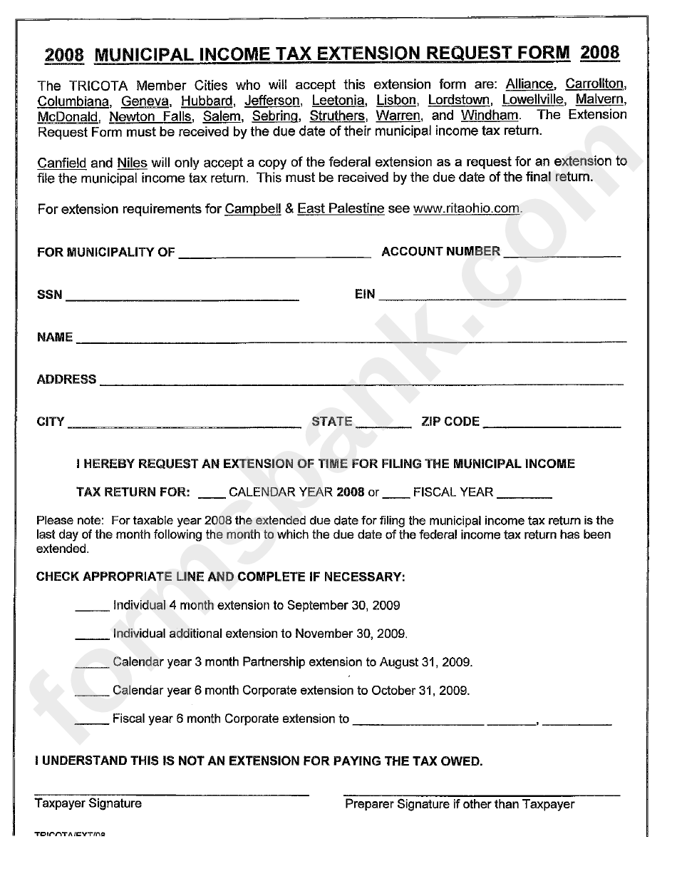 Municipal Income Tax Extension Request Form 2008