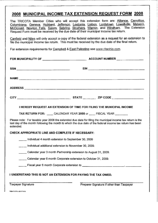 Municipal Income Tax Extension Request Form 2008 Printable pdf
