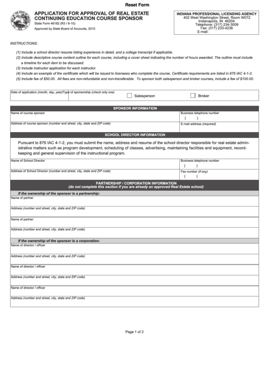 Fillable State Form 46182 - Application For Approval Of Real Estate Continuing Education Course Sponsor - 2010 Printable pdf