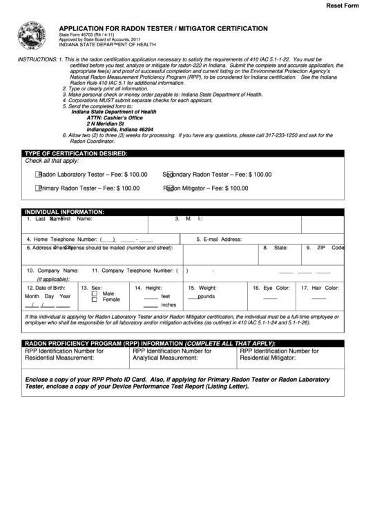State Form 45703 - Application For Radon Tester / Mitigator Certification - Indiana State Department Of Health Printable pdf