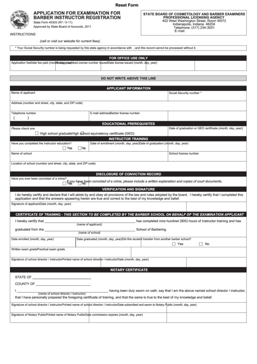 State Form 45303 - Application For Examination For Barber Instructor Registration Printable pdf