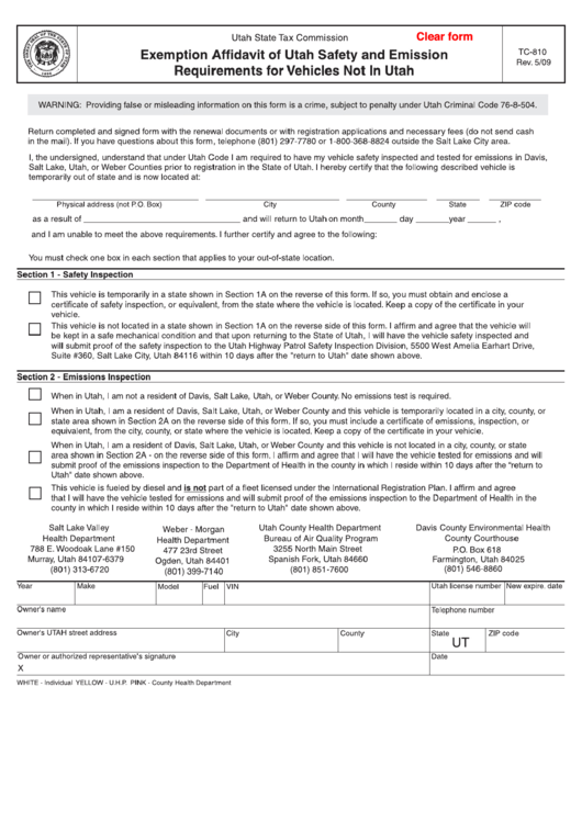 Fillable Form Tc-810 - Exemption Affidavit Of Utah Safety And Emission Requirements For Vehicles Not In Utah Printable pdf