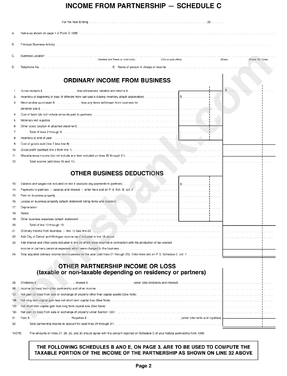 Form D-1065 - City Of Detroit Income Tax Partnership Return - 2003