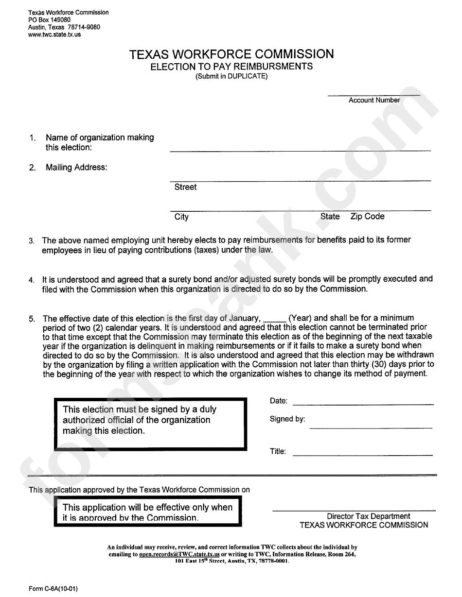 Form C-8a - Election To Pay Reimbursements