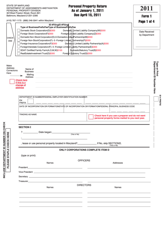 Fillable Form 1 - Personal Property Return - 2011 Printable pdf