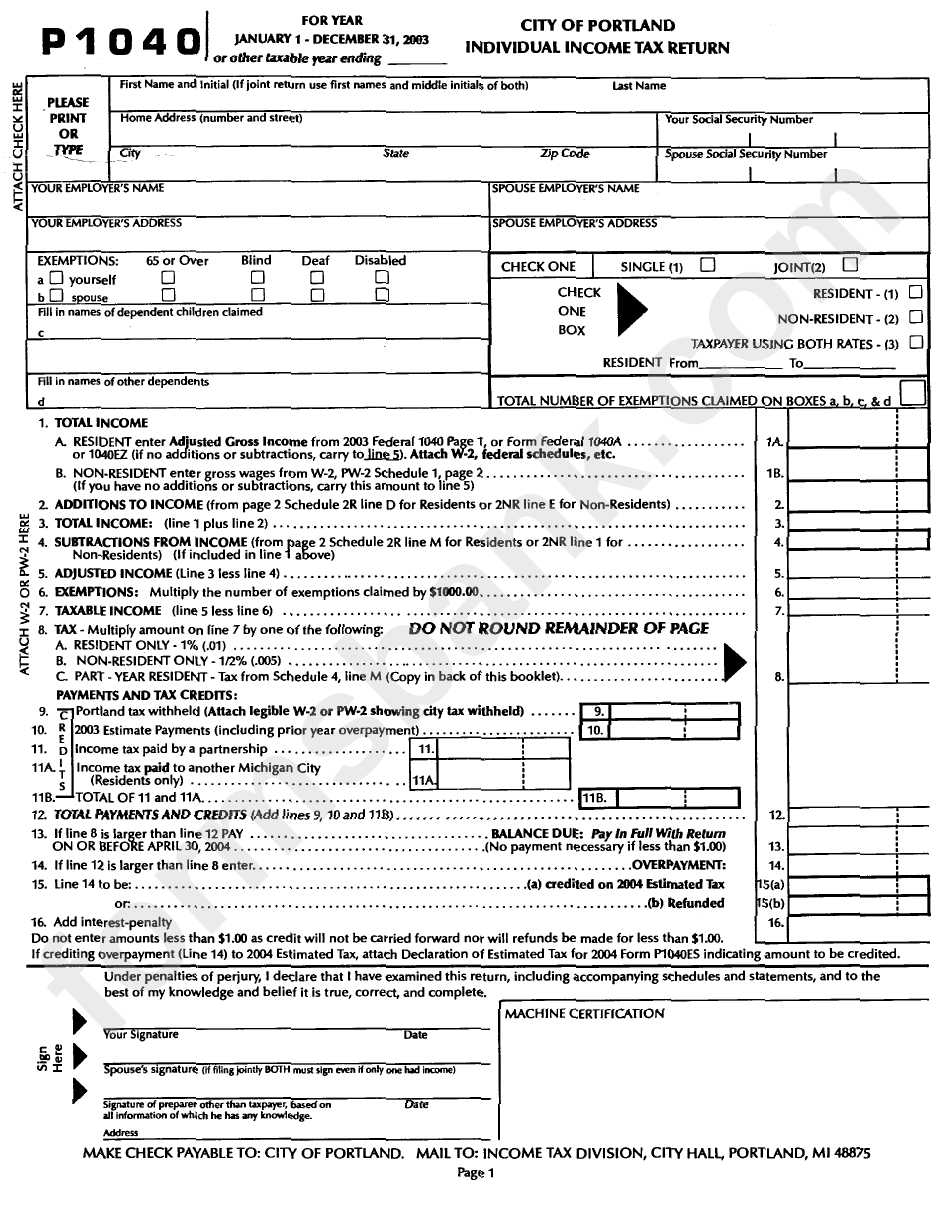 Form P1040 - Individual Income Tax Return - City Of Portland