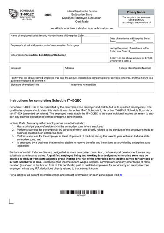 State Form 21928 - Schedule It-40qec - Enterprise Zone Qualified Employee Deduction Certificate - 2008 Printable pdf