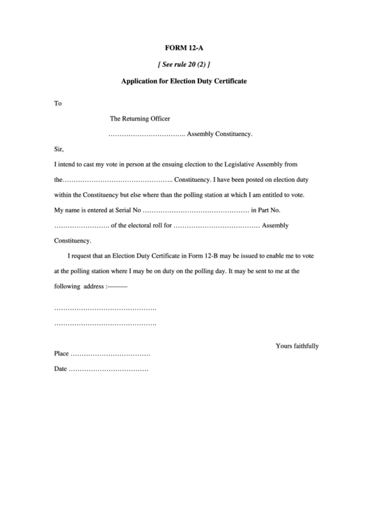 Form 12-A - Application For Election Duty Certificate Printable pdf